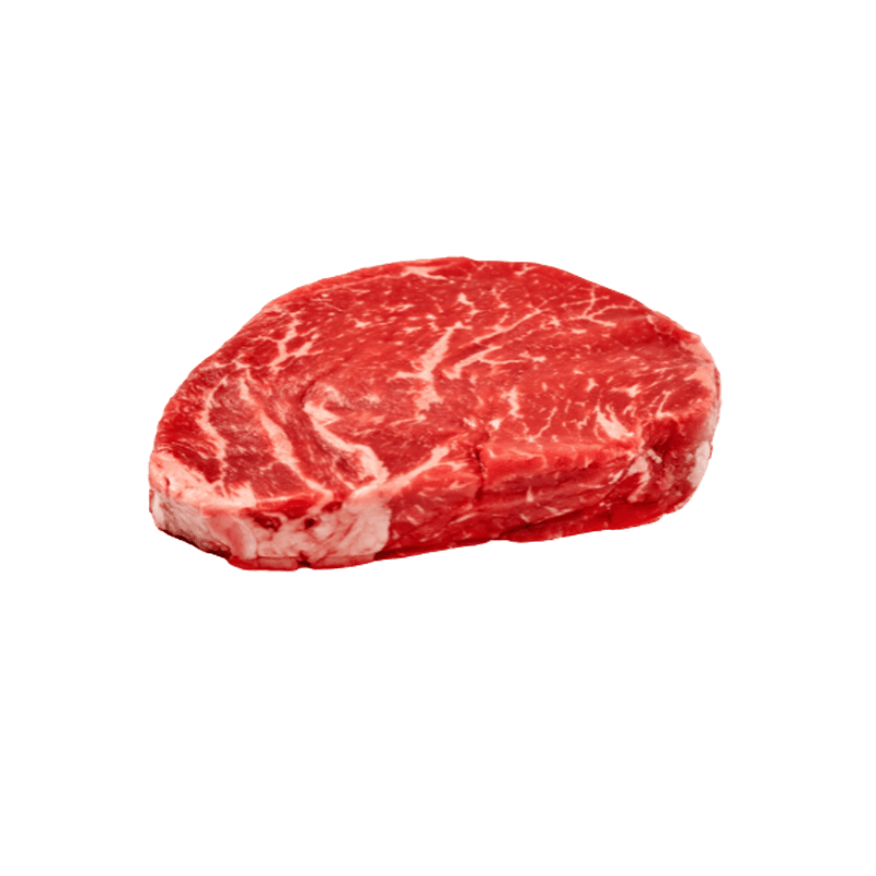Faux-filet de bœuf cru avec persillage visible.