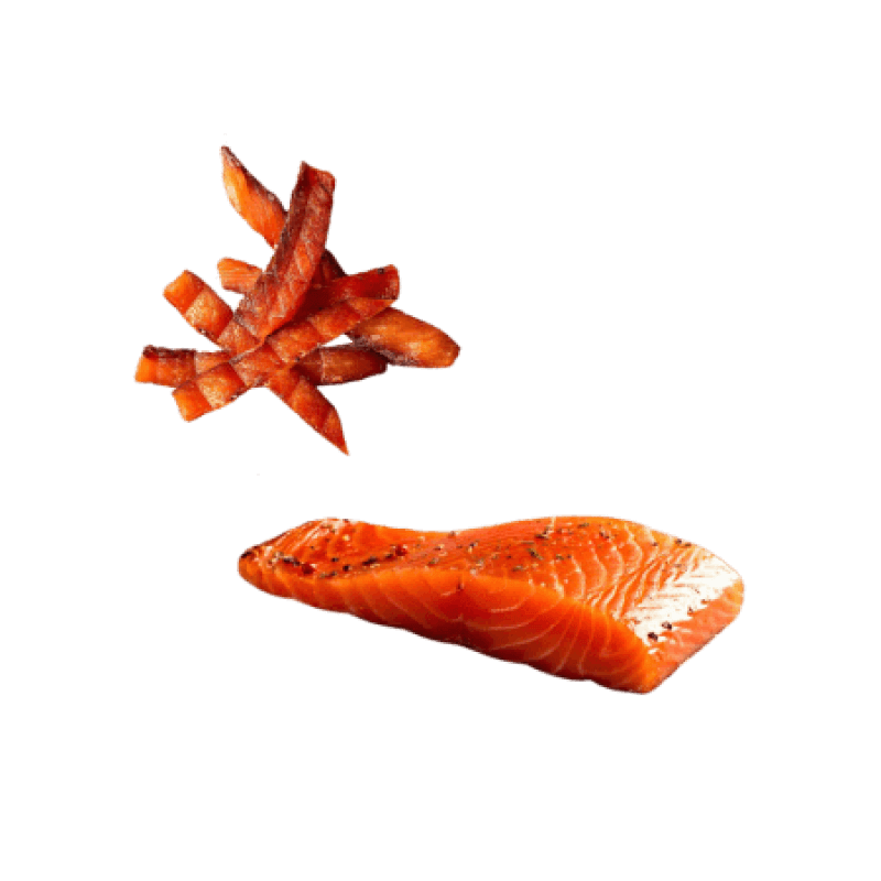 Pavé de saumon fumé et morceaux de jerky de saumon.