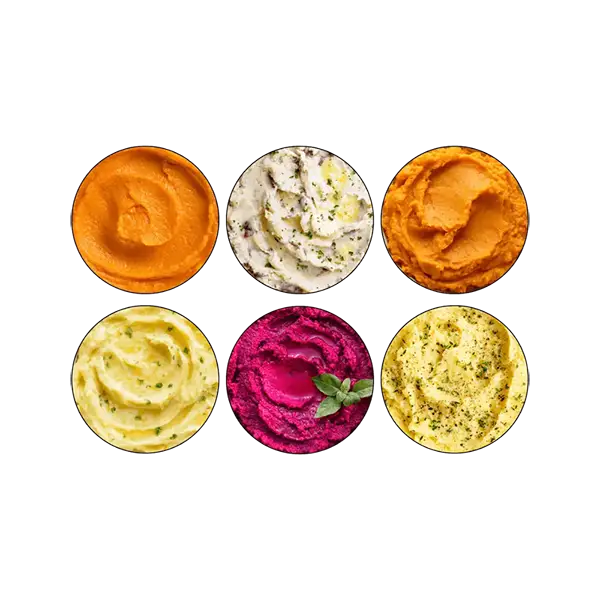 Six variétés de purées Épurée présentées en portions rondes.