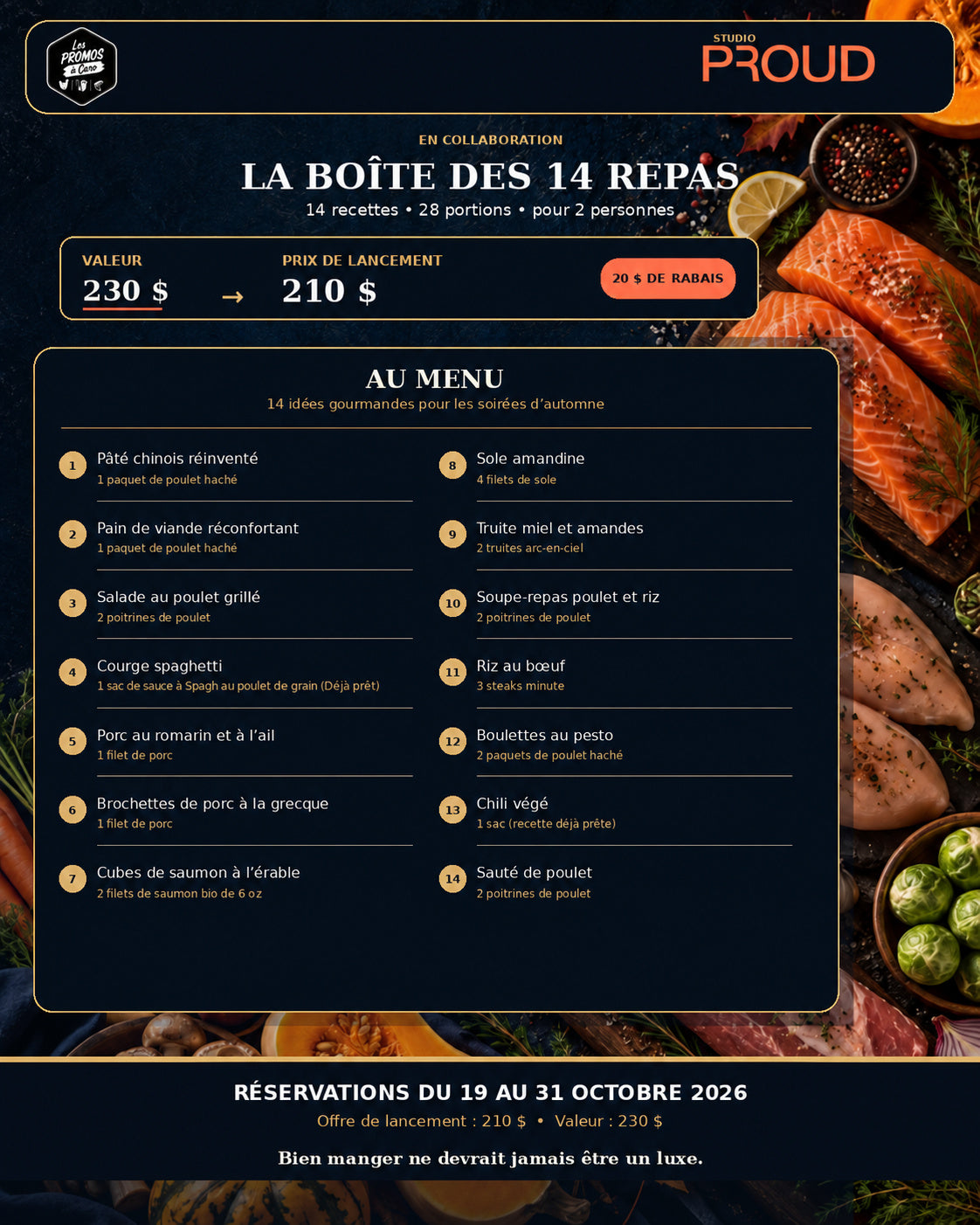 Affiche de la boîte de 14 repas, collaboration Les Promos à Caro et Studio Proud