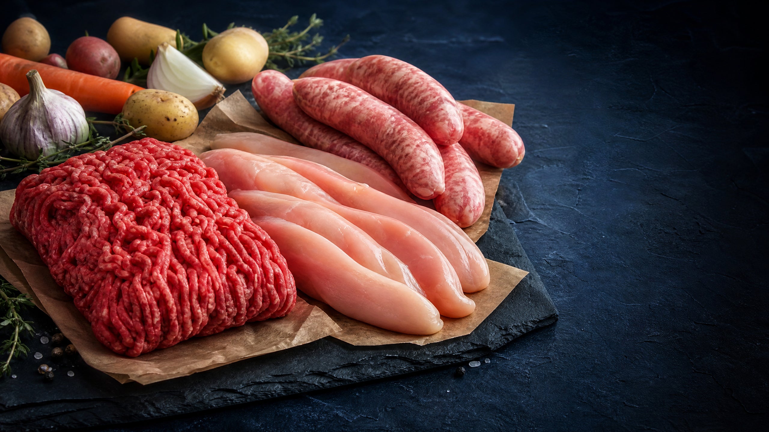Boucherie familiale : bœuf haché, poulet et saucisses sur fond bleu marine