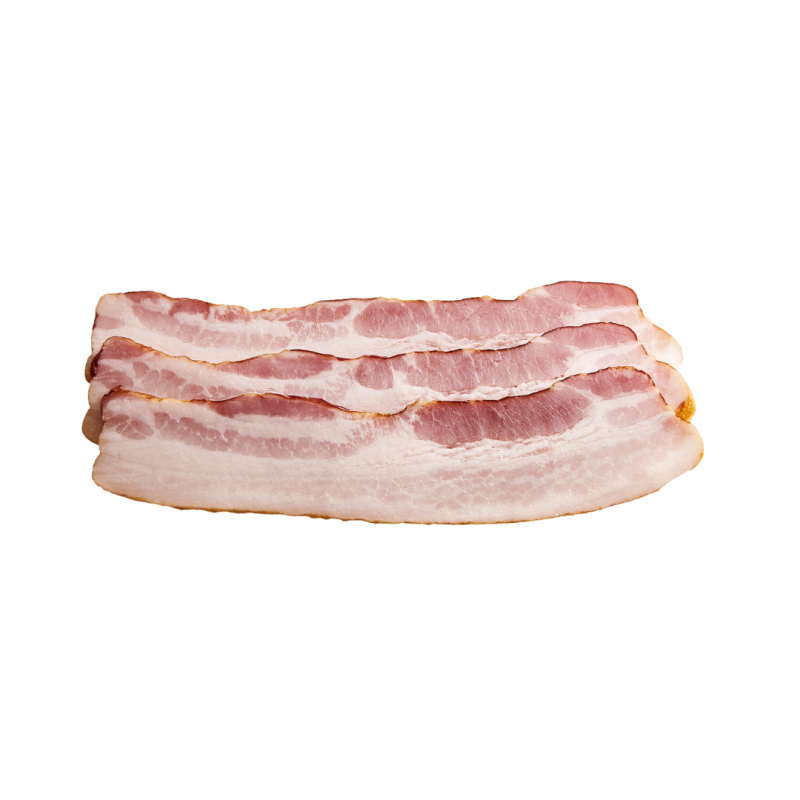 Tranches de bacon de porc cru, présentées seules.