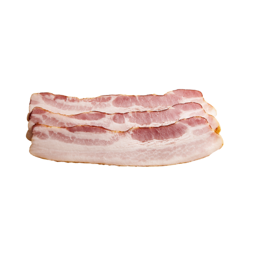 Tranches de bacon de porc cru, présentées seules.