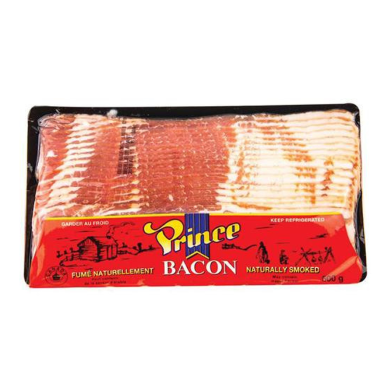 Paquet de bacon tranché Prince avec emballage rouge et indication 500 g.
