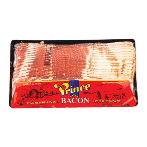 Paquet de bacon tranché Prince avec emballage rouge et indication 500 g.