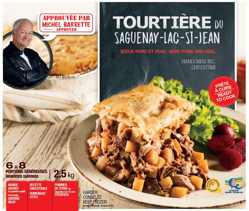 Emballage de la tourtière du Saguenay–Lac-Saint-Jean portant Michel Barrette.